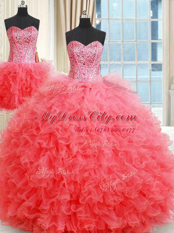 Amazing Three Piece Coral Red Lace Up Sweetheart Beading and Ruffles Sweet 16 Dresses Organza Sleeveless