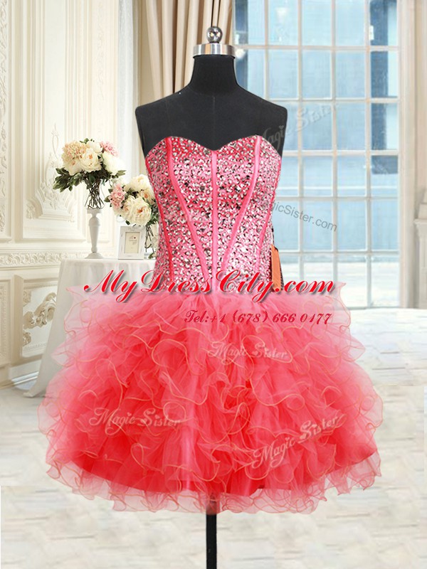 Amazing Three Piece Coral Red Lace Up Sweetheart Beading and Ruffles Sweet 16 Dresses Organza Sleeveless