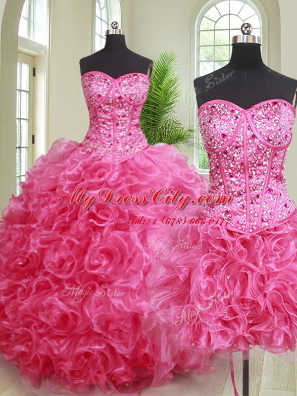 Wonderful Three Piece Sweetheart Sleeveless Organza Sweet 16 Quinceanera Dress Beading and Ruffles Lace Up