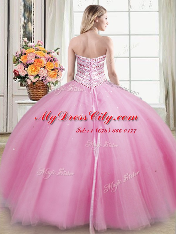 Rose Pink Tulle Lace Up Sweet 16 Dresses Sleeveless Floor Length Beading