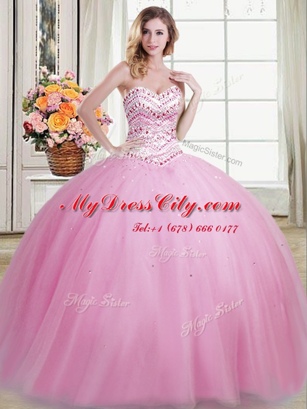 Rose Pink Tulle Lace Up Sweet 16 Dresses Sleeveless Floor Length Beading