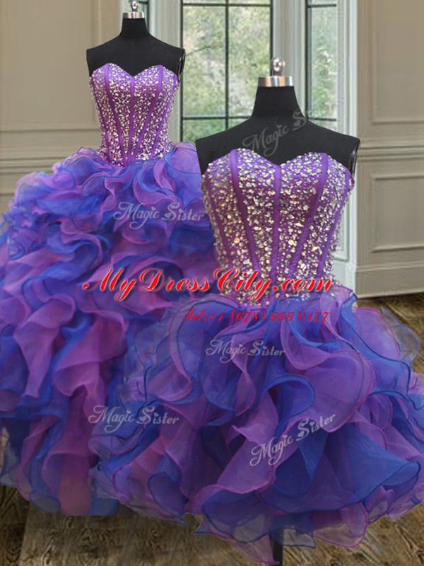 Luxury Three Piece Organza Sleeveless Floor Length Sweet 16 Dress and Beading and Ruffles