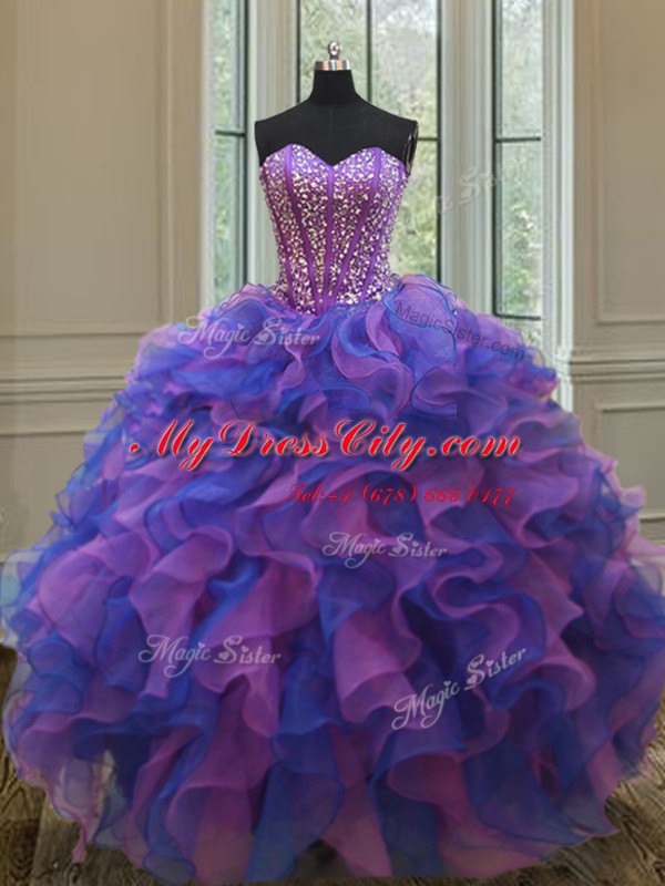 Luxury Three Piece Organza Sleeveless Floor Length Sweet 16 Dress and Beading and Ruffles