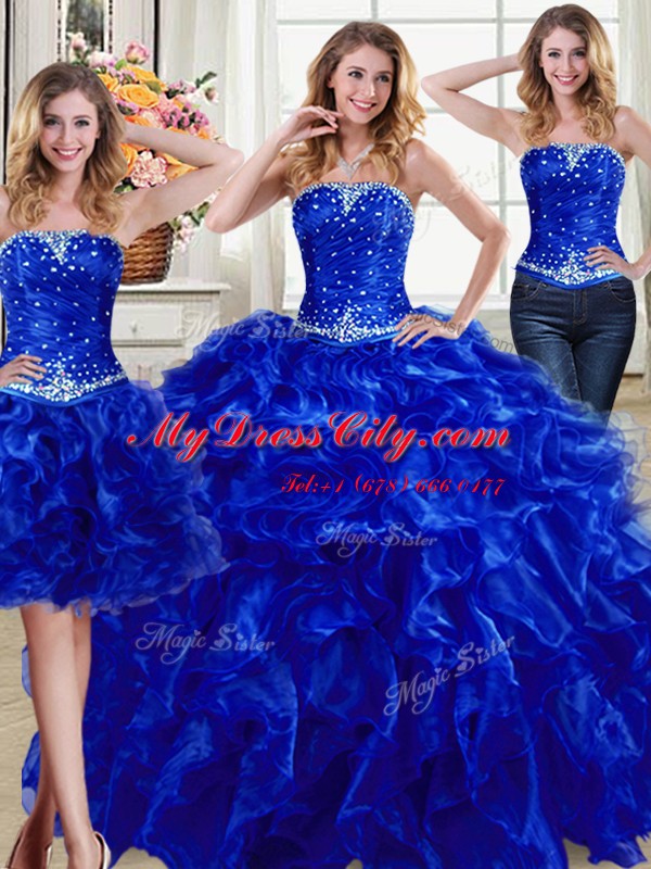 Glorious Three Piece Royal Blue Sleeveless Organza Lace Up Quinceanera Dresses for Military Ball and Sweet 16 and Quinceanera