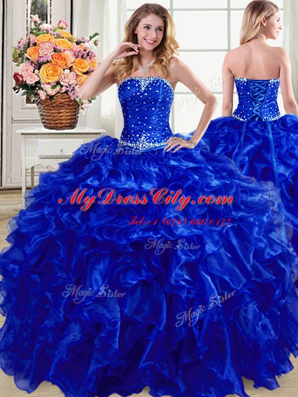 Glorious Three Piece Royal Blue Sleeveless Organza Lace Up Quinceanera Dresses for Military Ball and Sweet 16 and Quinceanera