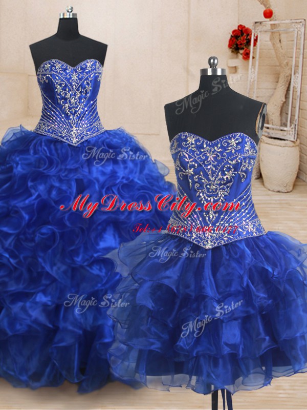 Exceptional Three Piece Royal Blue Sleeveless Brush Train Beading and Ruffles With Train Sweet 16 Quinceanera Dress