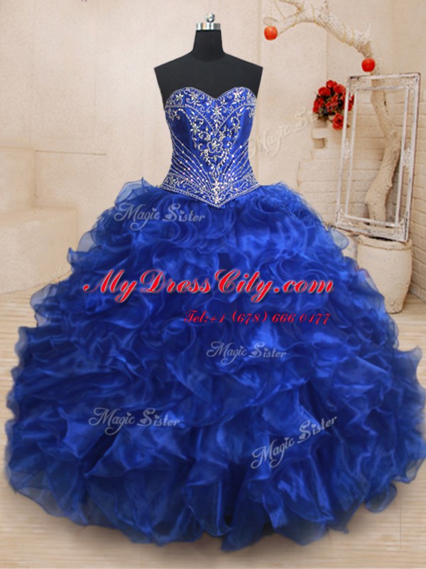 Exceptional Three Piece Royal Blue Sleeveless Brush Train Beading and Ruffles With Train Sweet 16 Quinceanera Dress