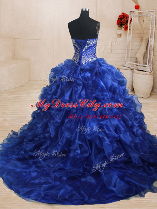 Exceptional Three Piece Royal Blue Sleeveless Brush Train Beading and Ruffles With Train Sweet 16 Quinceanera Dress