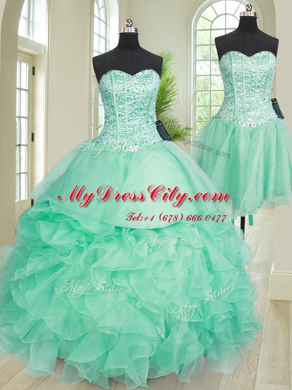 Three Piece Turquoise Quinceanera Dresses Military Ball and Sweet 16 and Quinceanera and For with Beading and Ruffles Sweetheart Sleeveless Lace Up