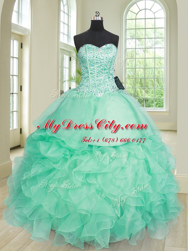 Three Piece Turquoise Quinceanera Dresses Military Ball and Sweet 16 and Quinceanera and For with Beading and Ruffles Sweetheart Sleeveless Lace Up