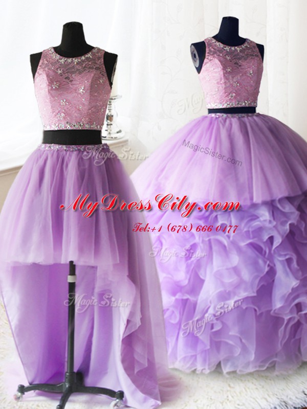 High End Three Piece Lilac Organza and Tulle Zipper Scoop Sleeveless With Train Vestidos de Quinceanera Brush Train Beading and Lace and Ruffles