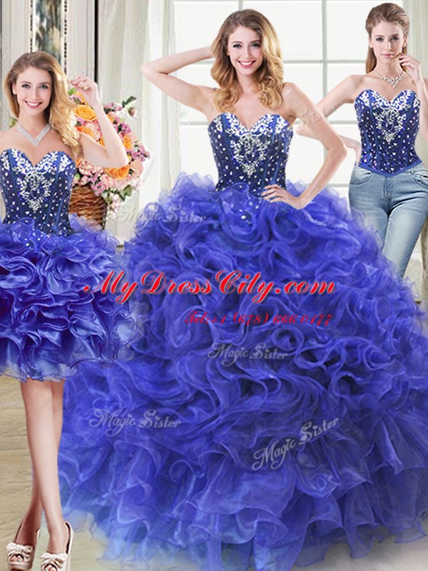 Three Piece Royal Blue Lace Up Sweet 16 Quinceanera Dress Beading and Ruffles Sleeveless Floor Length