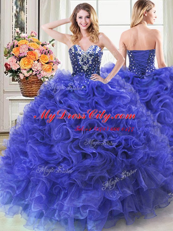 Three Piece Royal Blue Lace Up Sweet 16 Quinceanera Dress Beading and Ruffles Sleeveless Floor Length