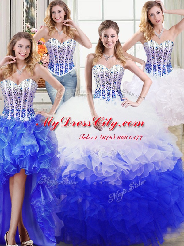 Superior Four Piece Sleeveless Lace Up Floor Length Beading and Ruffles 15th Birthday Dress