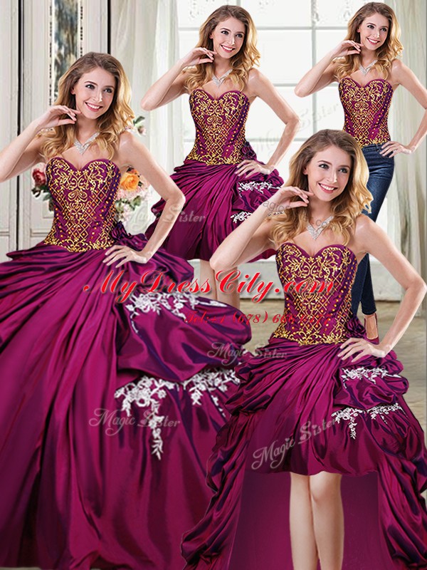 Four Piece Burgundy Ball Gowns Taffeta Sweetheart Sleeveless Beading and Appliques and Pick Ups Floor Length Lace Up Vestidos de Quinceanera