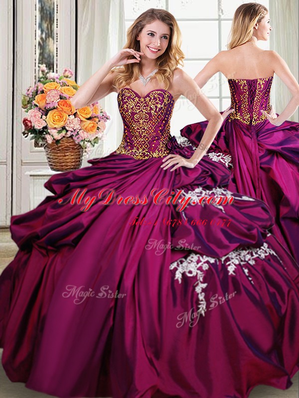 Four Piece Burgundy Ball Gowns Taffeta Sweetheart Sleeveless Beading and Appliques and Pick Ups Floor Length Lace Up Vestidos de Quinceanera