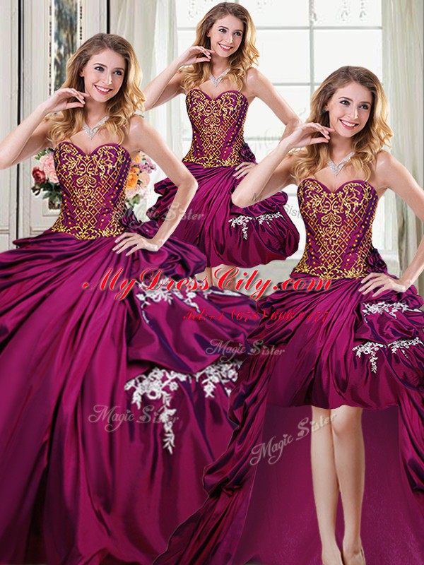 Four Piece Burgundy Ball Gowns Taffeta Sweetheart Sleeveless Beading and Appliques and Pick Ups Floor Length Lace Up Vestidos de Quinceanera