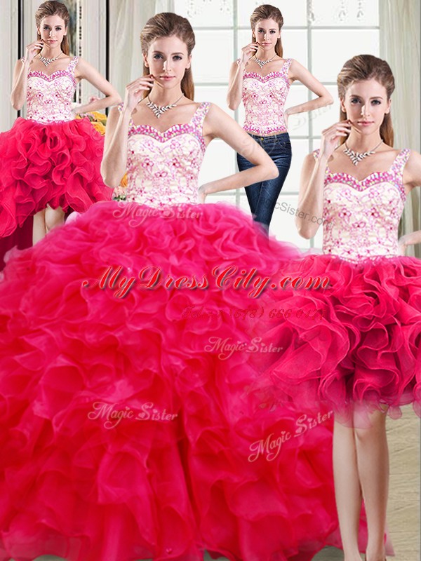 Amazing Four Piece Floor Length Hot Pink Vestidos de Quinceanera Straps Sleeveless Lace Up