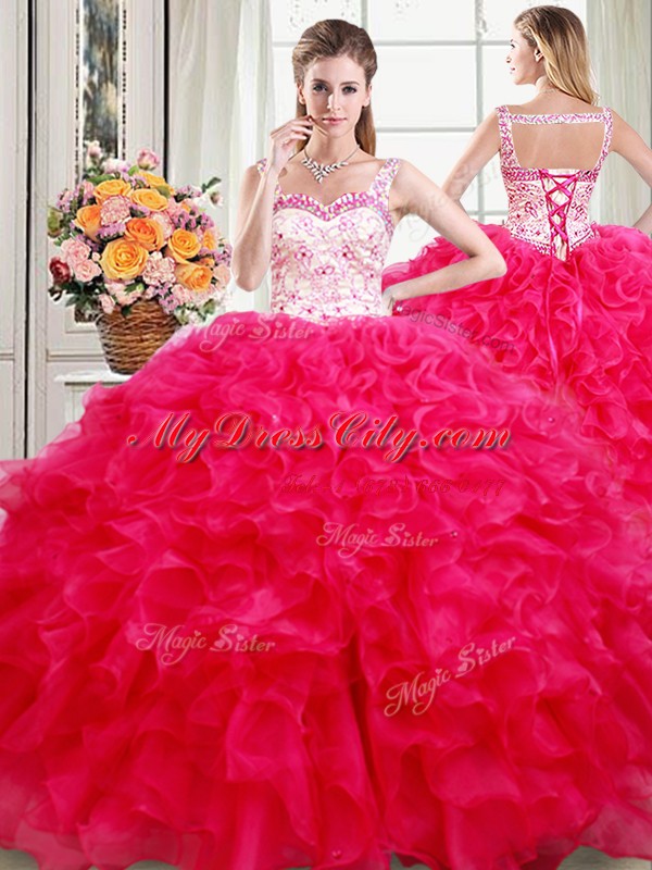 Amazing Four Piece Floor Length Hot Pink Vestidos de Quinceanera Straps Sleeveless Lace Up