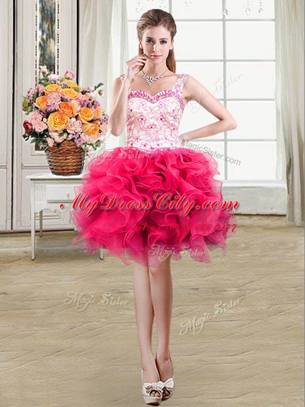 Amazing Four Piece Floor Length Hot Pink Vestidos de Quinceanera Straps Sleeveless Lace Up