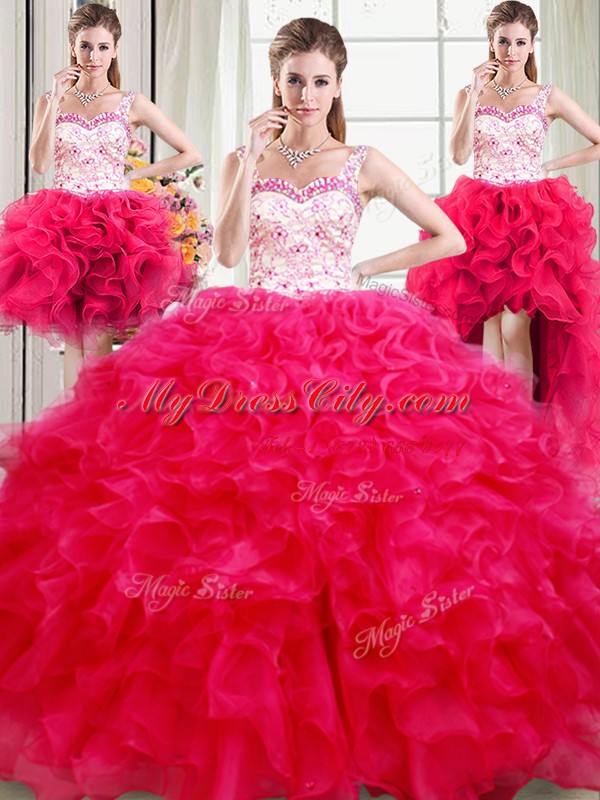 Amazing Four Piece Floor Length Hot Pink Vestidos de Quinceanera Straps Sleeveless Lace Up