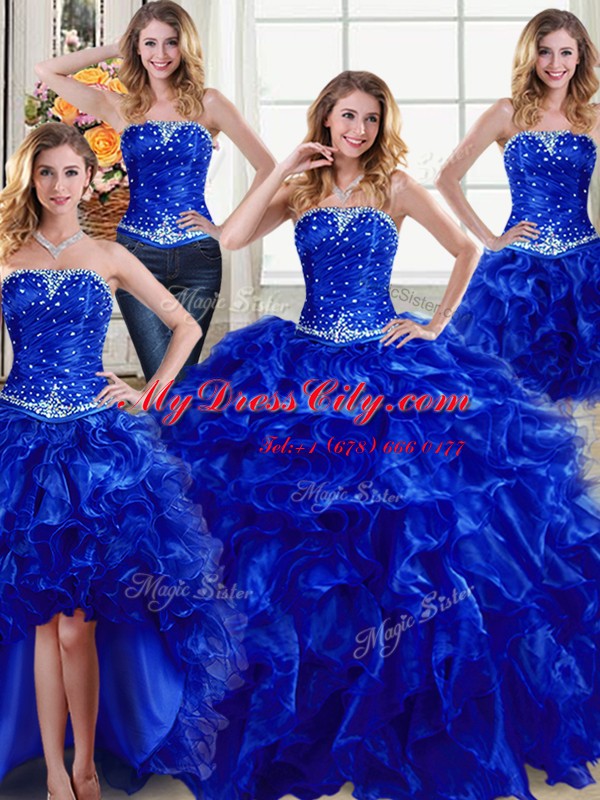 Cheap Four Piece Royal Blue Sweet 16 Quinceanera Dress Military Ball and Sweet 16 and Quinceanera and For with Beading and Ruffles Strapless Sleeveless Lace Up