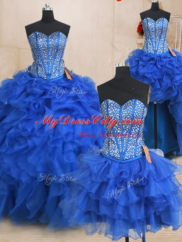 Spectacular Four Piece Sleeveless Lace Up Floor Length Beading and Ruffles Ball Gown Prom Dress