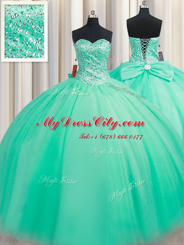 Pretty Turquoise Sleeveless Beading and Bowknot Floor Length Quince Ball Gowns