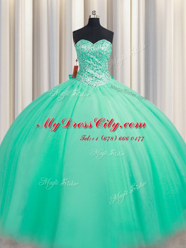 Pretty Turquoise Sleeveless Beading and Bowknot Floor Length Quince Ball Gowns