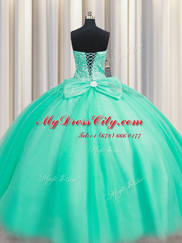 Pretty Turquoise Sleeveless Beading and Bowknot Floor Length Quince Ball Gowns