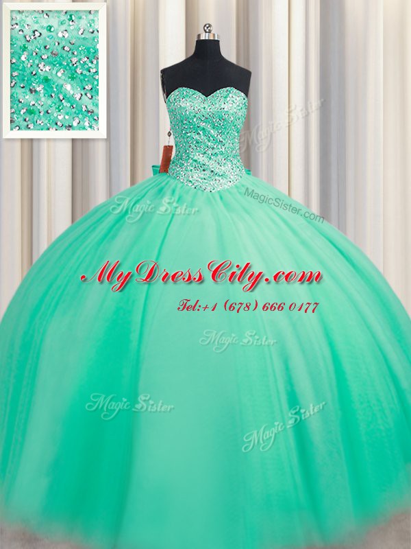 Pretty Turquoise Sleeveless Beading and Bowknot Floor Length Quince Ball Gowns