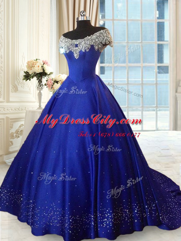 Classical Off the Shoulder Cap Sleeves Lace Up Beading and Lace Sweet 16 Dresses