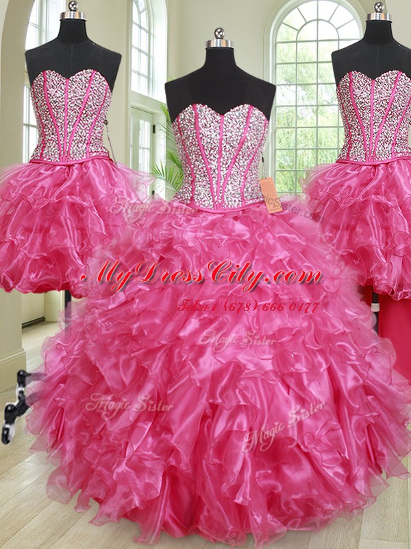 Edgy Four Piece Organza Sweetheart Sleeveless Lace Up Beading and Ruffles Sweet 16 Dresses in Hot Pink