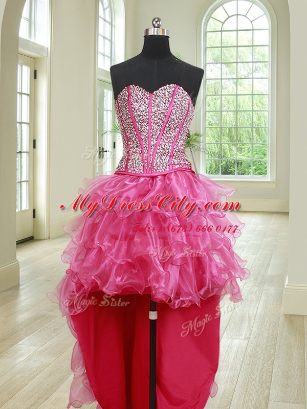 Edgy Four Piece Organza Sweetheart Sleeveless Lace Up Beading and Ruffles Sweet 16 Dresses in Hot Pink