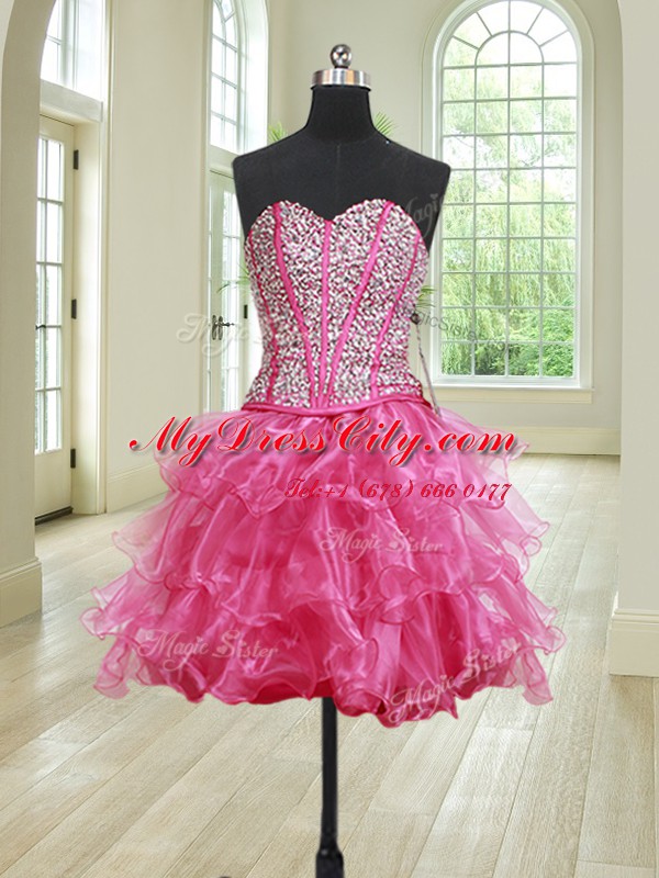 Edgy Four Piece Organza Sweetheart Sleeveless Lace Up Beading and Ruffles Sweet 16 Dresses in Hot Pink