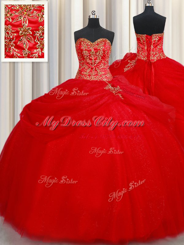 Shining Sleeveless Floor Length Beading and Pick Ups Lace Up Quinceanera Dresses with Red