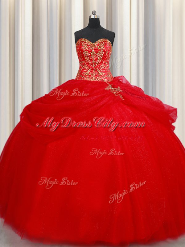 Shining Sleeveless Floor Length Beading and Pick Ups Lace Up Quinceanera Dresses with Red