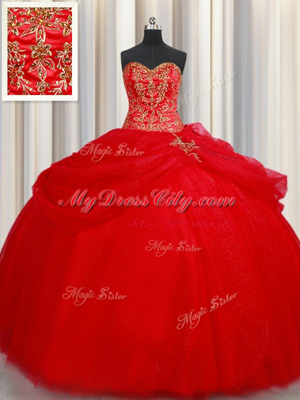 Shining Sleeveless Floor Length Beading and Pick Ups Lace Up Quinceanera Dresses with Red