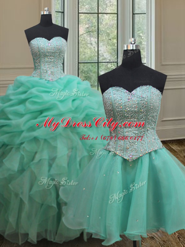 Three Piece Organza Sweetheart Sleeveless Lace Up Beading and Ruffles and Pick Ups Quinceanera Dresses in Turquoise