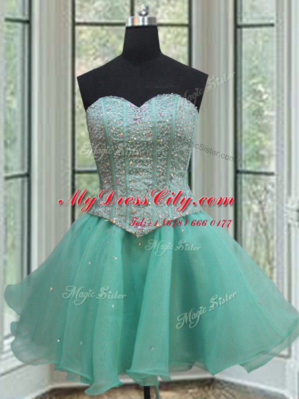 Three Piece Organza Sweetheart Sleeveless Lace Up Beading and Ruffles and Pick Ups Quinceanera Dresses in Turquoise