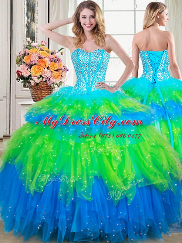 Stunning Multi-color Sleeveless Floor Length Beading and Ruffled Layers Lace Up Sweet 16 Quinceanera Dress