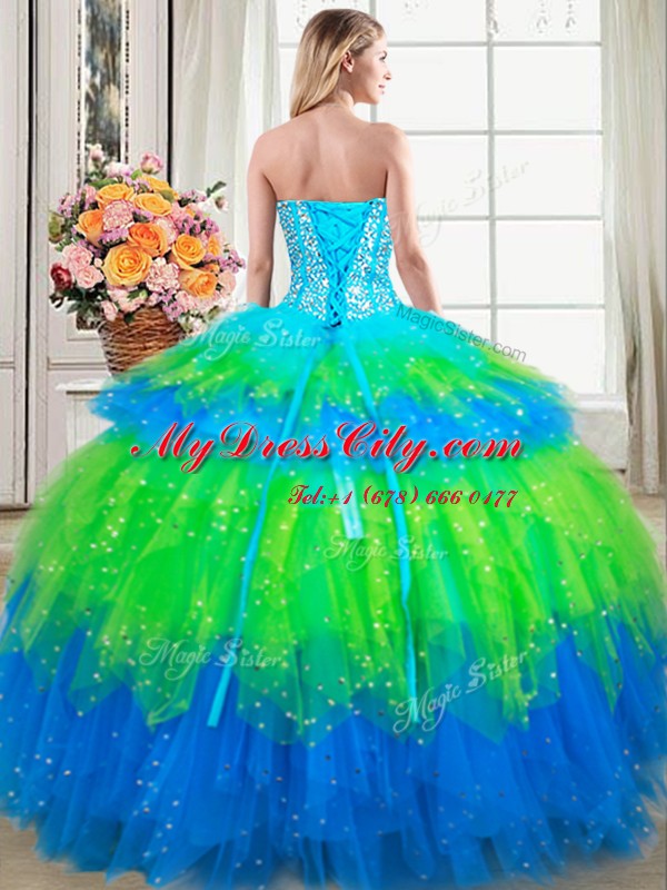 Stunning Multi-color Sleeveless Floor Length Beading and Ruffled Layers Lace Up Sweet 16 Quinceanera Dress