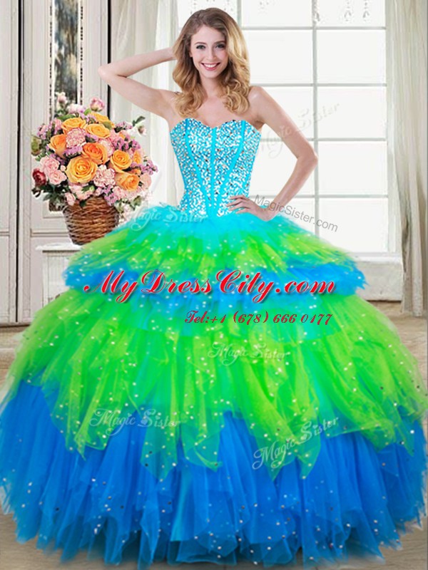 Stunning Multi-color Sleeveless Floor Length Beading and Ruffled Layers Lace Up Sweet 16 Quinceanera Dress