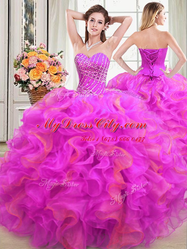 High Class Sleeveless Floor Length Beading and Ruffles Lace Up Vestidos de Quinceanera with Multi-color