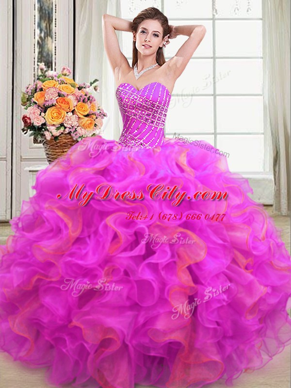 High Class Sleeveless Floor Length Beading and Ruffles Lace Up Vestidos de Quinceanera with Multi-color