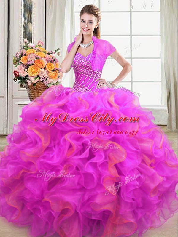 High Class Sleeveless Floor Length Beading and Ruffles Lace Up Vestidos de Quinceanera with Multi-color