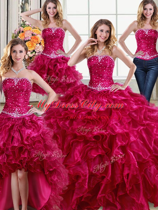 Four Piece Sleeveless Organza Floor Length Lace Up Quinceanera Gowns in Fuchsia with Beading and Ruffles