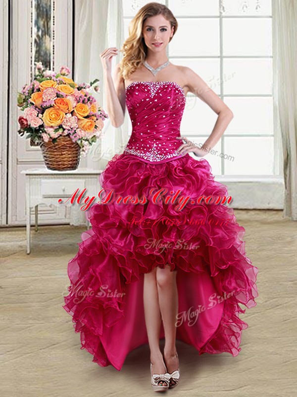 Four Piece Sleeveless Organza Floor Length Lace Up Quinceanera Gowns in Fuchsia with Beading and Ruffles