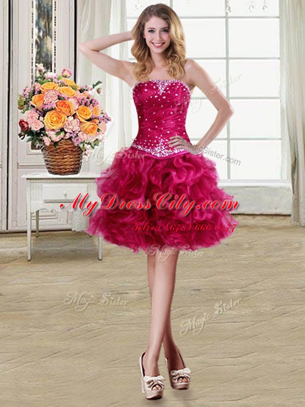 Four Piece Sleeveless Organza Floor Length Lace Up Quinceanera Gowns in Fuchsia with Beading and Ruffles