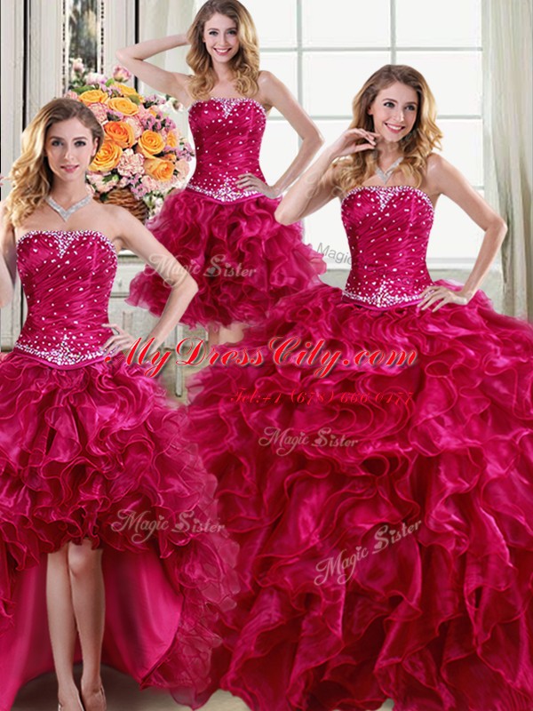 Four Piece Sleeveless Organza Floor Length Lace Up Quinceanera Gowns in Fuchsia with Beading and Ruffles